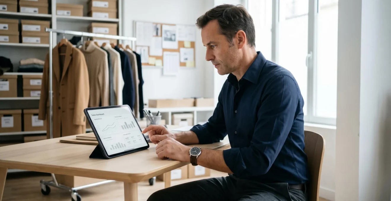 Gérant de boutique de prêt-à-porter consultant un tableau de bord de ventes sur tablette dans l'espace bureau de son commerce