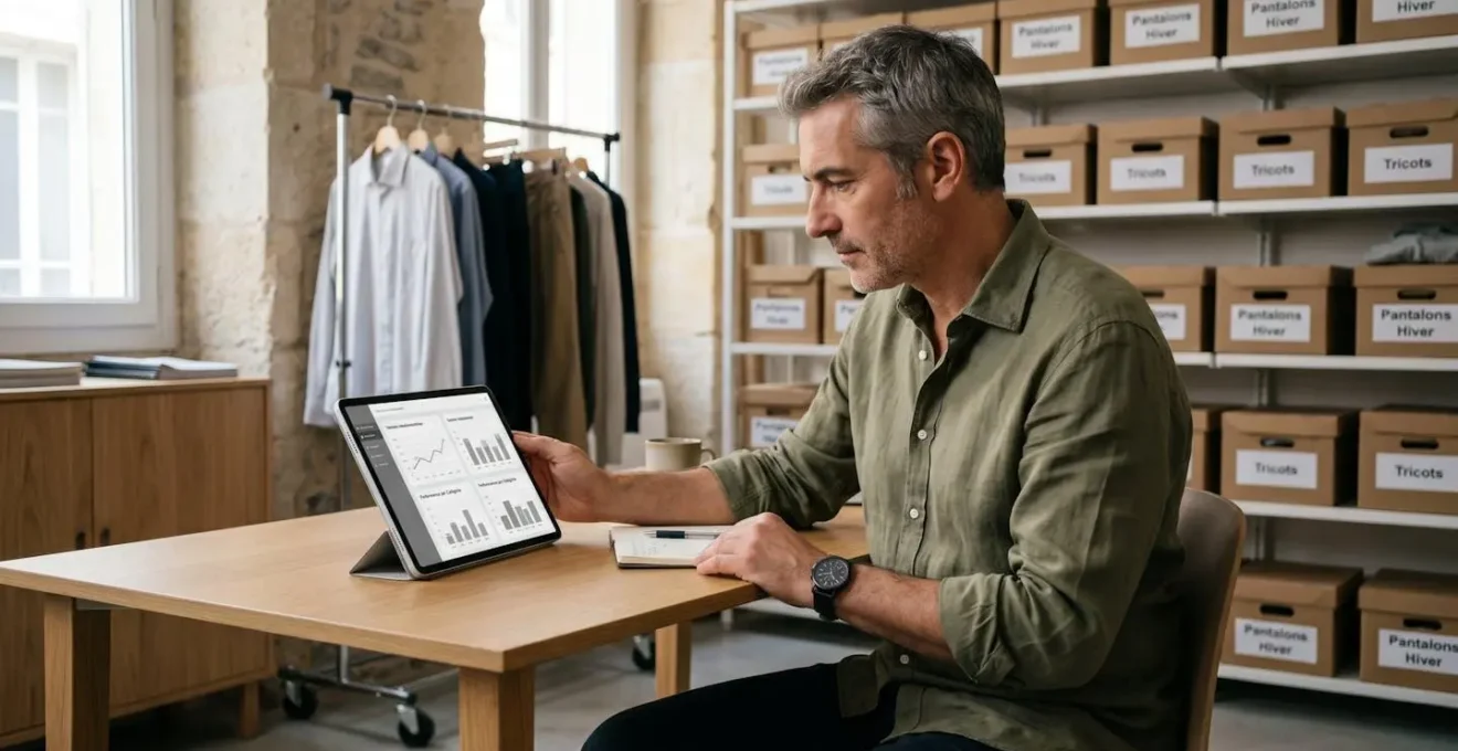 Gérant de boutique de prêt-à-porter consultant un tableau de bord de ventes sur tablette dans l'espace bureau de son commerce