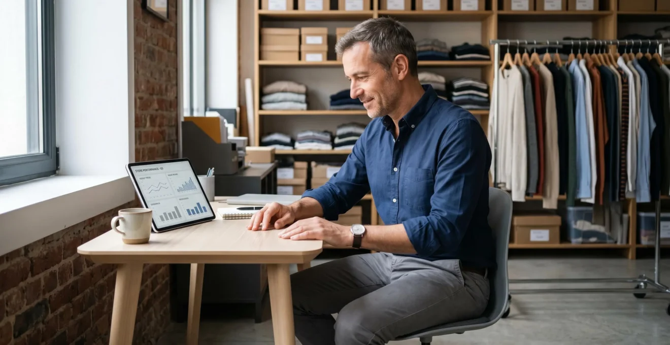 Gérant de boutique de prêt-à-porter consultant un tableau de bord de ventes sur tablette dans l'espace bureau de son commerce