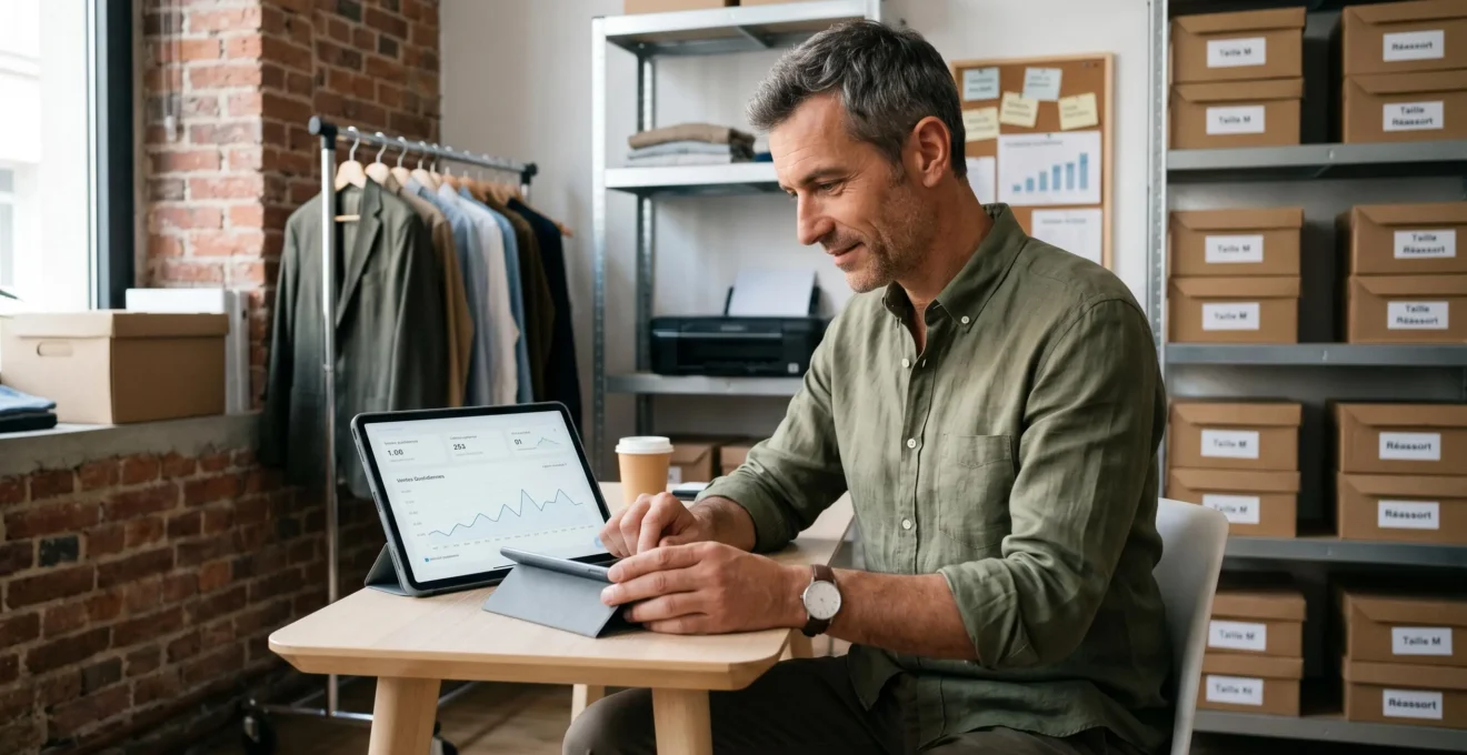 Gérant de boutique de prêt-à-porter consultant un tableau de bord de ventes sur tablette dans l'espace bureau de son commerce