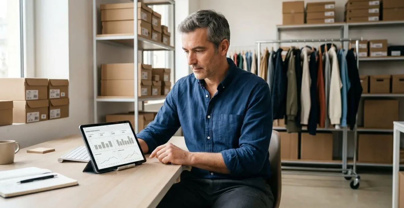 Gérant de boutique de prêt-à-porter consultant un tableau de bord de ventes sur tablette dans l'espace bureau de son commerce