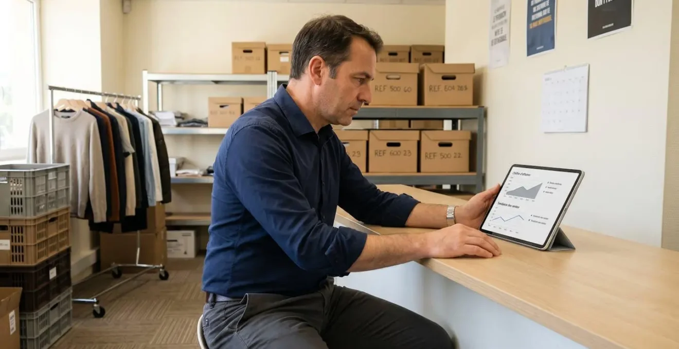 Gérant de boutique de prêt-à-porter consultant un tableau de bord de ventes sur tablette dans l'espace bureau de son commerce