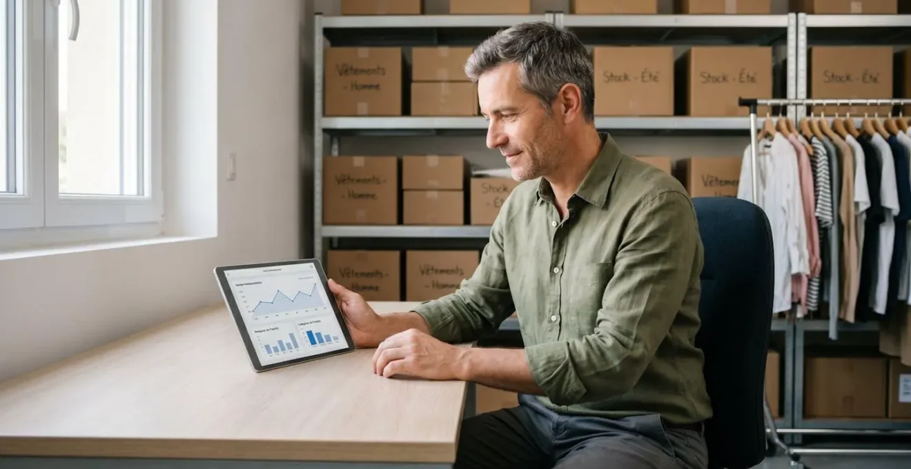 Gérant de boutique de prêt-à-porter consultant un tableau de bord de ventes sur tablette dans l'espace bureau de son commerce