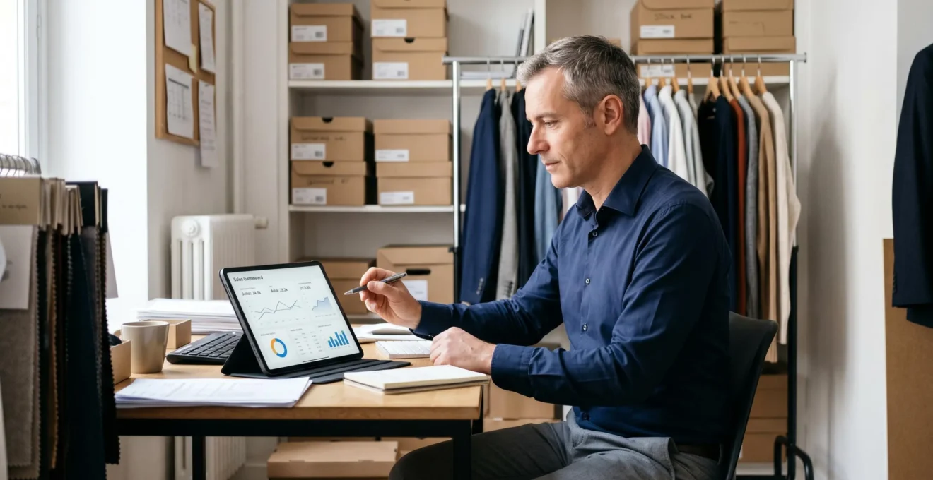 Gérant de boutique de prêt-à-porter consultant un tableau de bord de ventes sur tablette dans l'espace bureau de son commerce