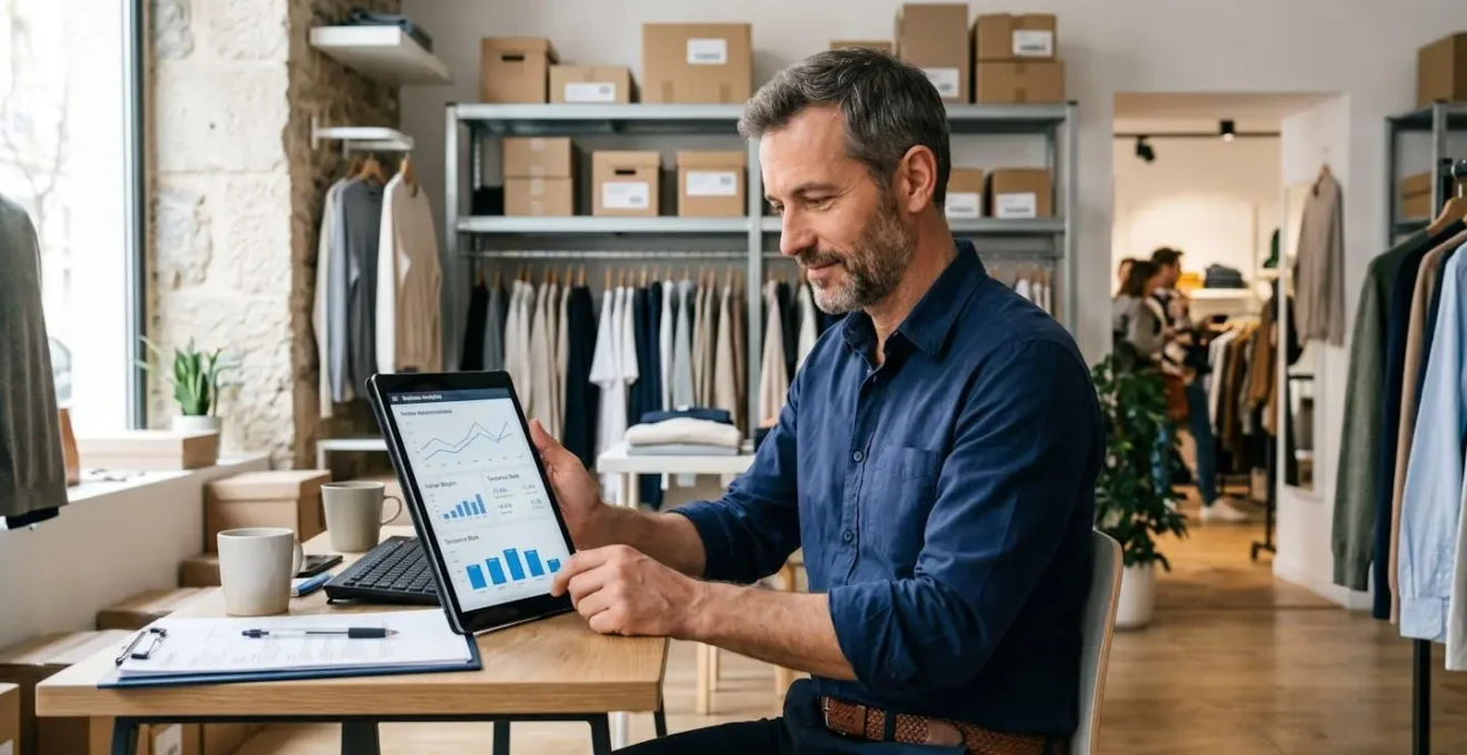 Gérant de boutique de prêt-à-porter consultant un tableau de bord de ventes sur tablette dans l'espace bureau de son commerce