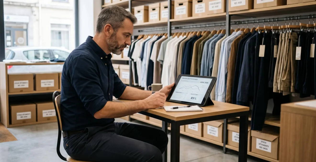 Gérant de boutique de prêt-à-porter consultant un tableau de bord de ventes sur tablette dans l'espace bureau de son commerce
