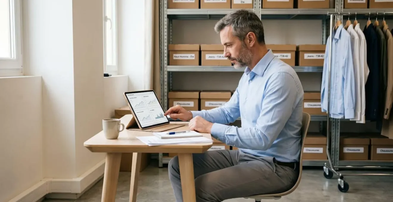 Gérant de boutique de prêt-à-porter consultant un tableau de bord de ventes sur tablette dans l'espace bureau de son commerce