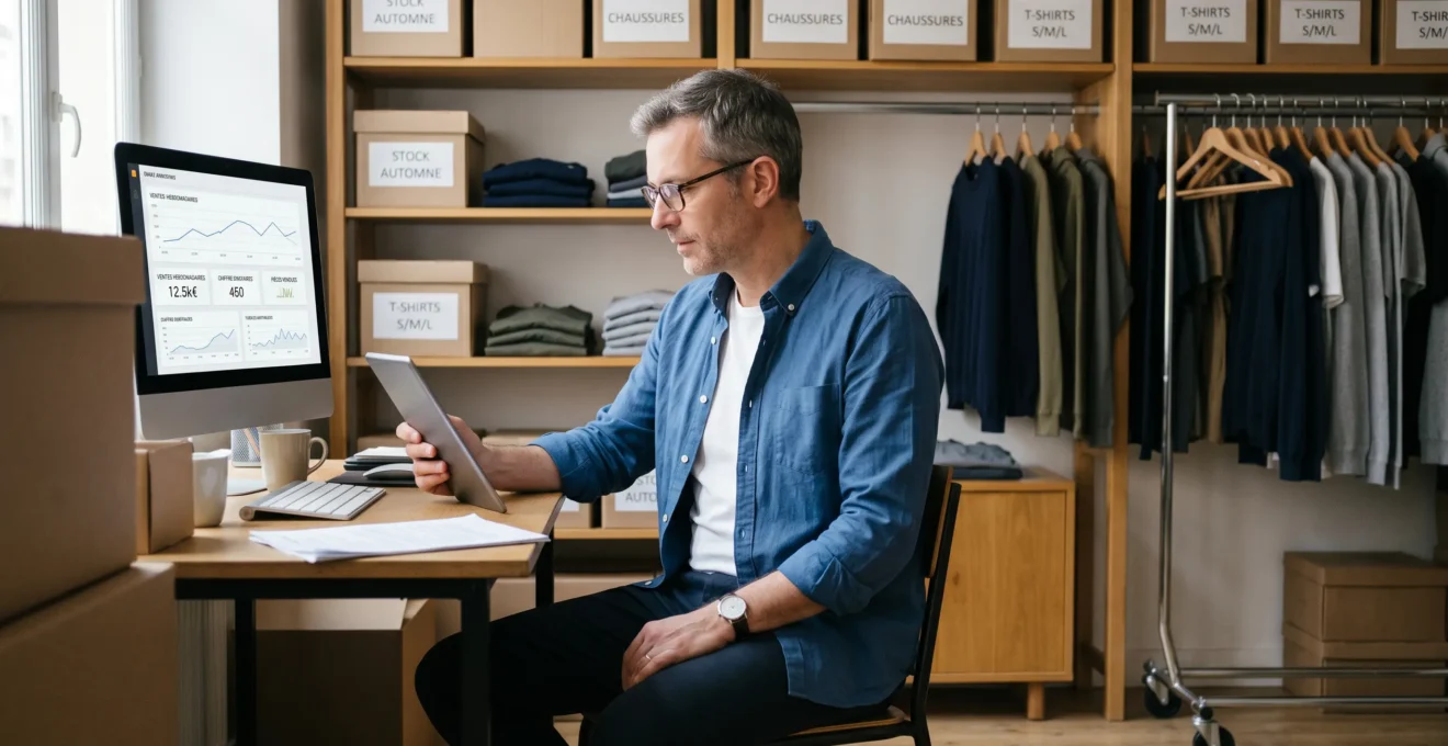 Gérant de boutique de prêt-à-porter consultant un tableau de bord de ventes sur tablette dans l'espace bureau de son commerce