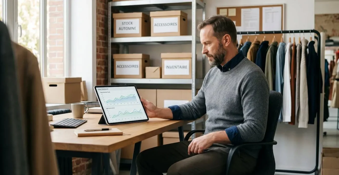 Gérant de boutique de prêt-à-porter consultant un tableau de bord de ventes sur tablette dans l'espace bureau de son commerce