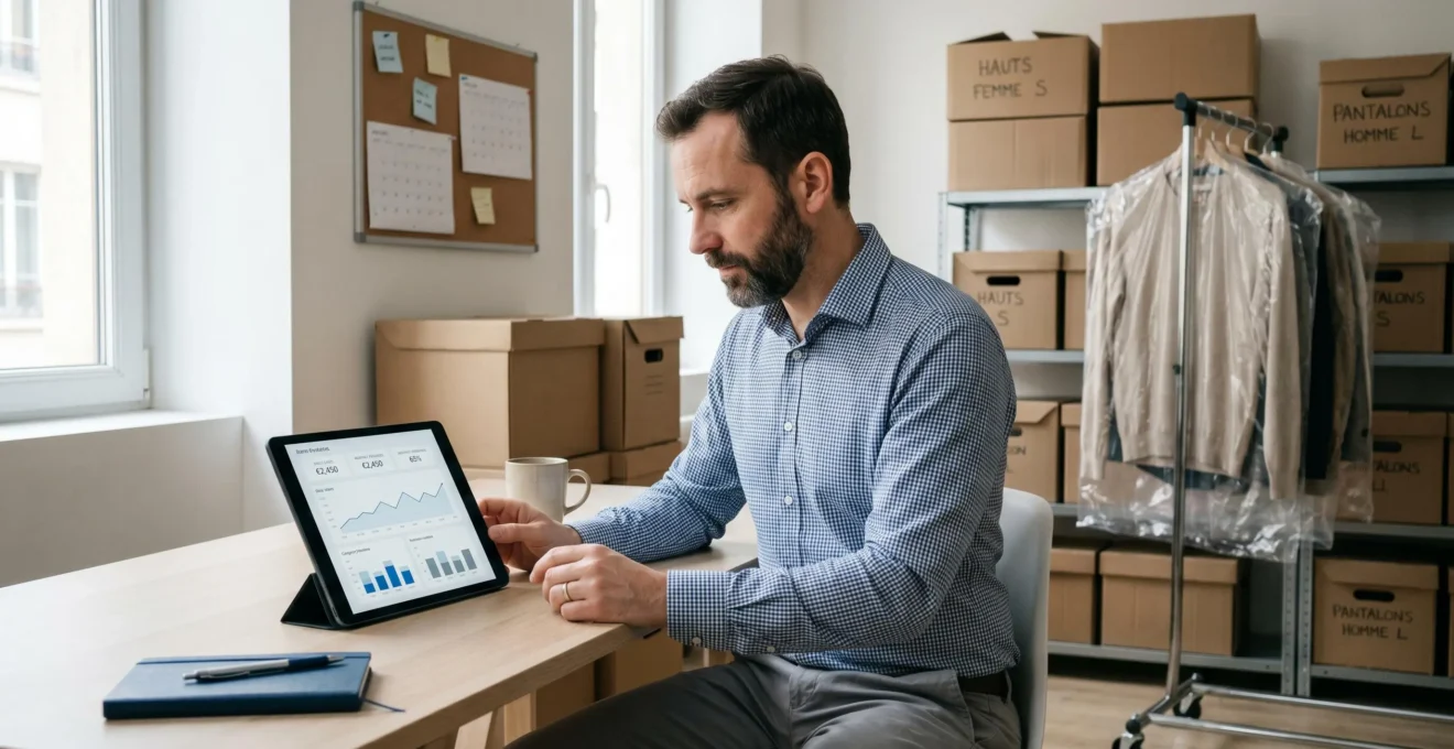 Gérant de boutique de prêt-à-porter consultant un tableau de bord de ventes sur tablette dans l'espace bureau de son commerce