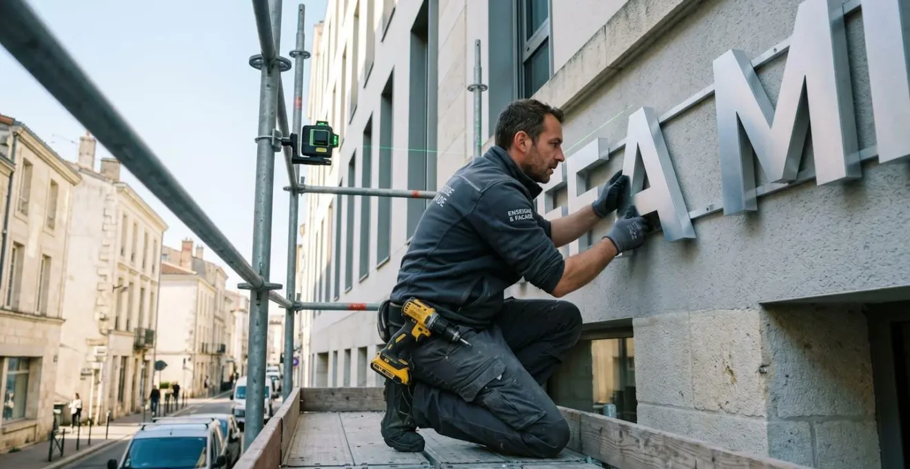 Technicien en tenue professionnelle installant des lettres en relief métalliques sur façade commerciale, travaillant depuis un échafaudage avec outils spécialisés