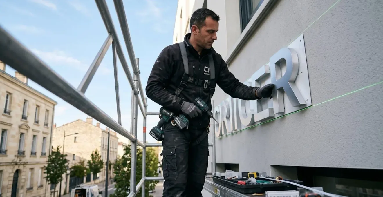 Technicien en tenue professionnelle installant des lettres en relief métalliques sur façade commerciale, travaillant depuis un échafaudage avec outils spécialisés