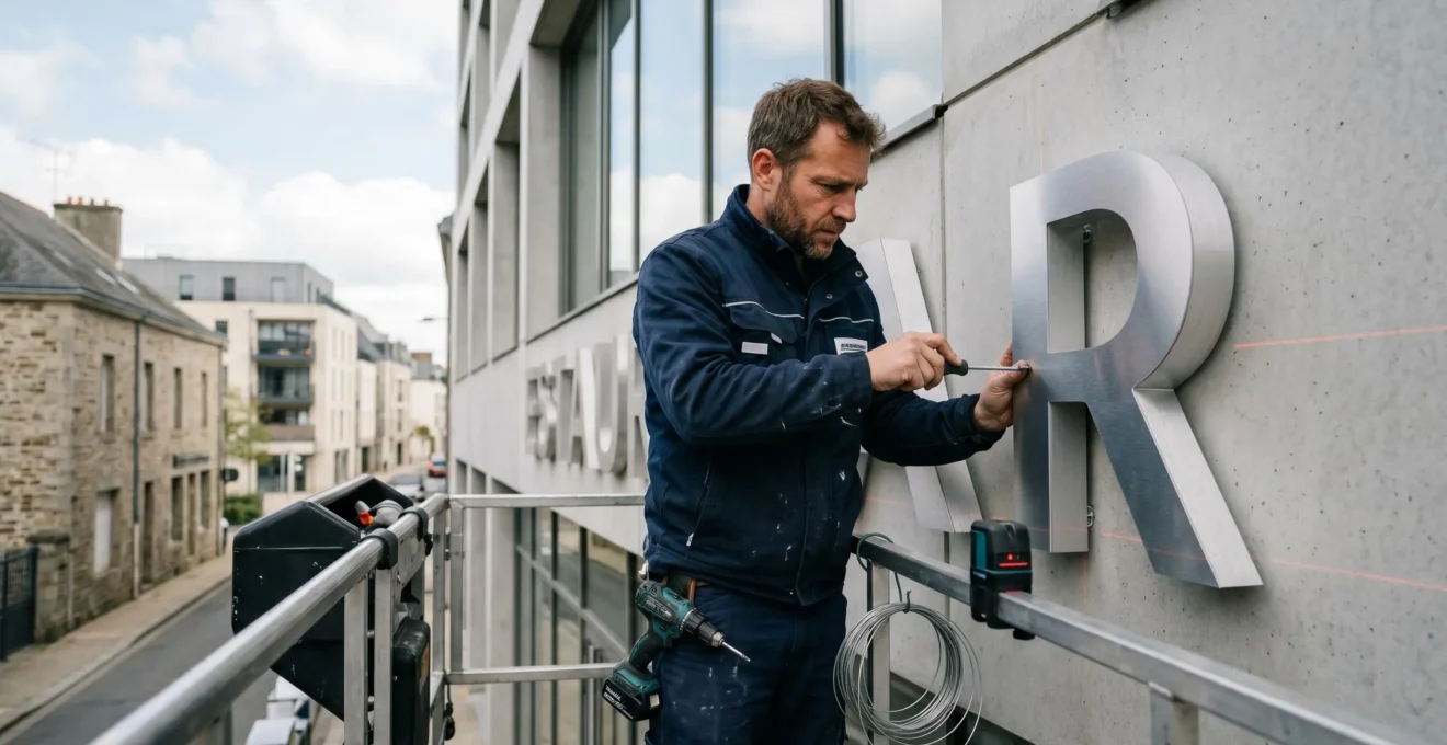 Technicien en tenue professionnelle installant des lettres en relief métalliques sur façade commerciale, travaillant depuis un échafaudage avec outils spécialisés