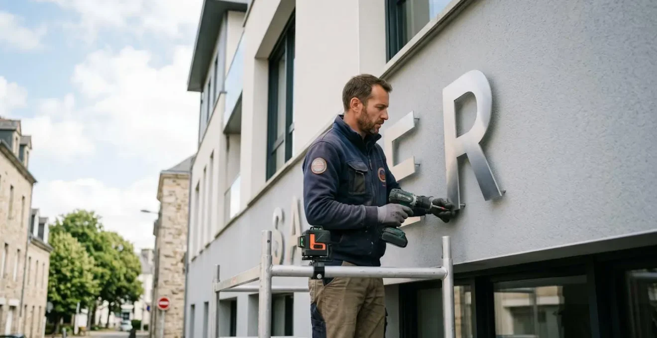Technicien en tenue professionnelle installant des lettres en relief métalliques sur façade commerciale, travaillant depuis un échafaudage avec outils spécialisés