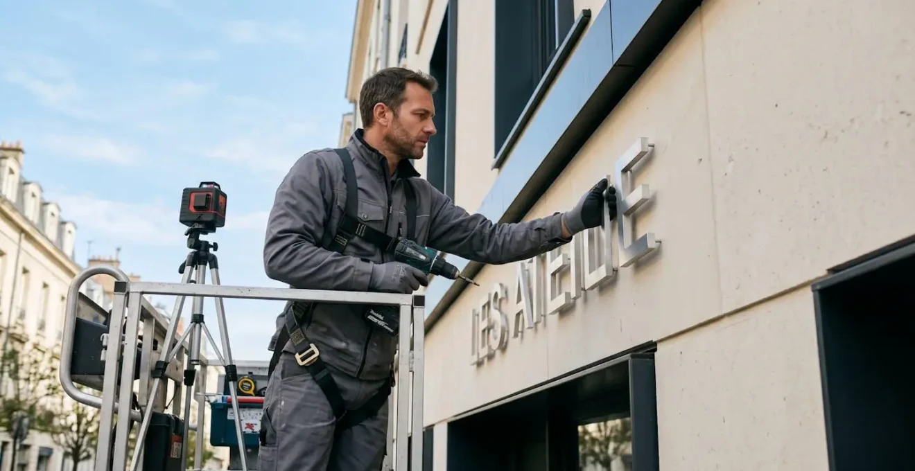Technicien en tenue professionnelle installant des lettres en relief métalliques sur façade commerciale, travaillant depuis un échafaudage avec outils spécialisés
