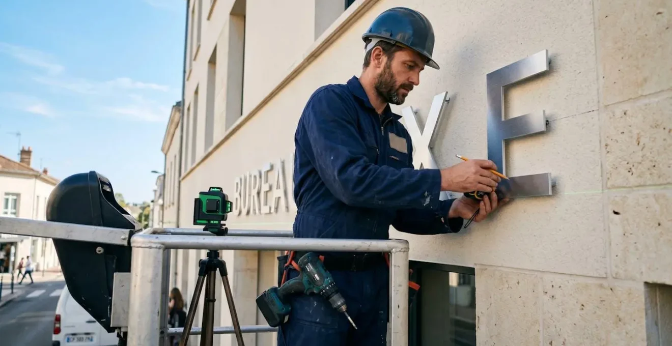 Technicien en tenue professionnelle installant des lettres en relief métalliques sur façade commerciale, travaillant depuis un échafaudage avec outils spécialisés