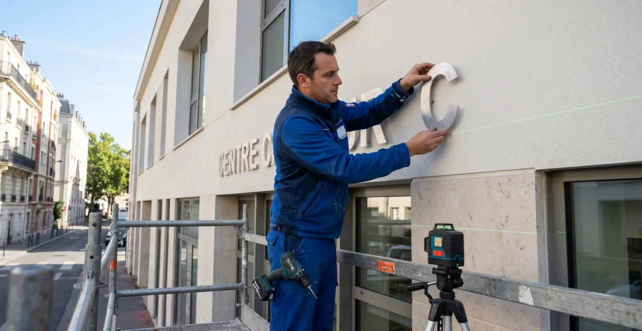 Technicien en tenue professionnelle installant des lettres en relief métalliques sur façade commerciale, travaillant depuis un échafaudage avec outils spécialisés