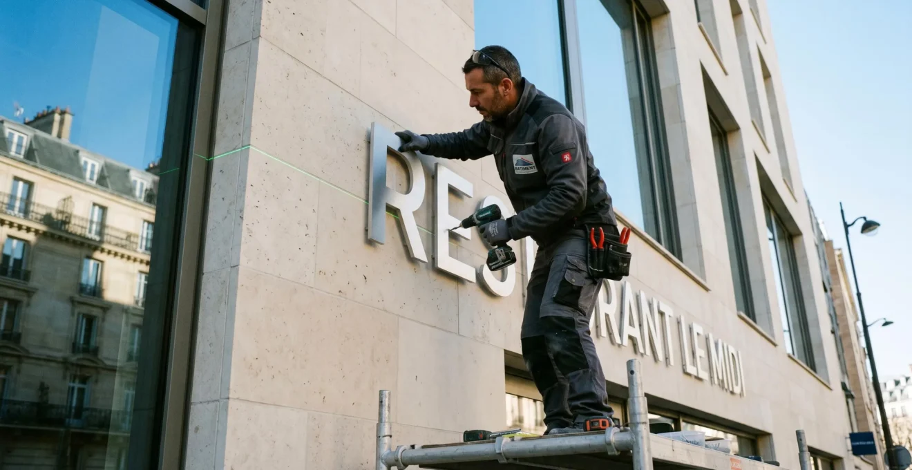 Technicien en tenue professionnelle installant des lettres en relief métalliques sur façade commerciale, travaillant depuis un échafaudage avec outils spécialisés