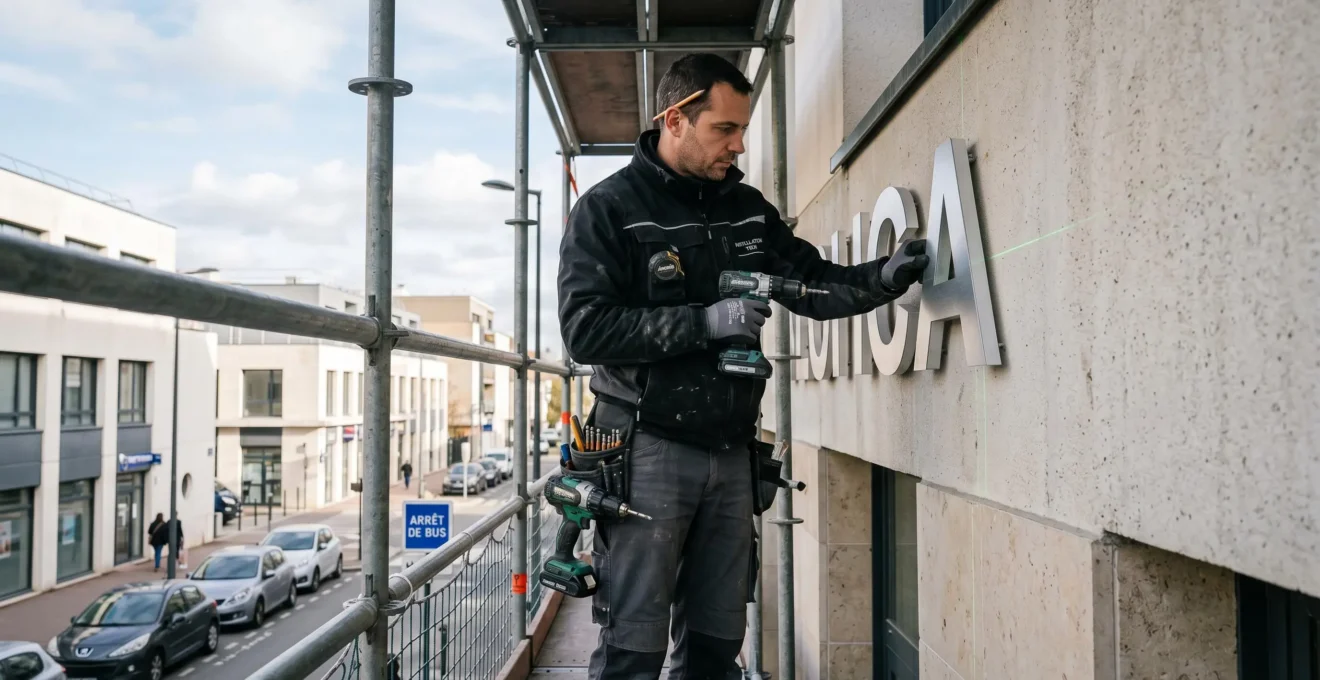 Technicien en tenue professionnelle installant des lettres en relief métalliques sur façade commerciale, travaillant depuis un échafaudage avec outils spécialisés
