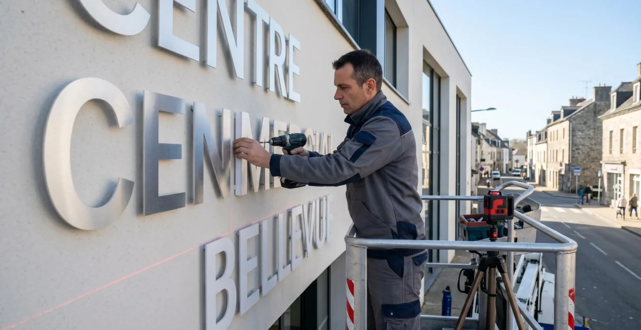 Technicien en tenue professionnelle installant des lettres en relief métalliques sur façade commerciale, travaillant depuis un échafaudage avec outils spécialisés