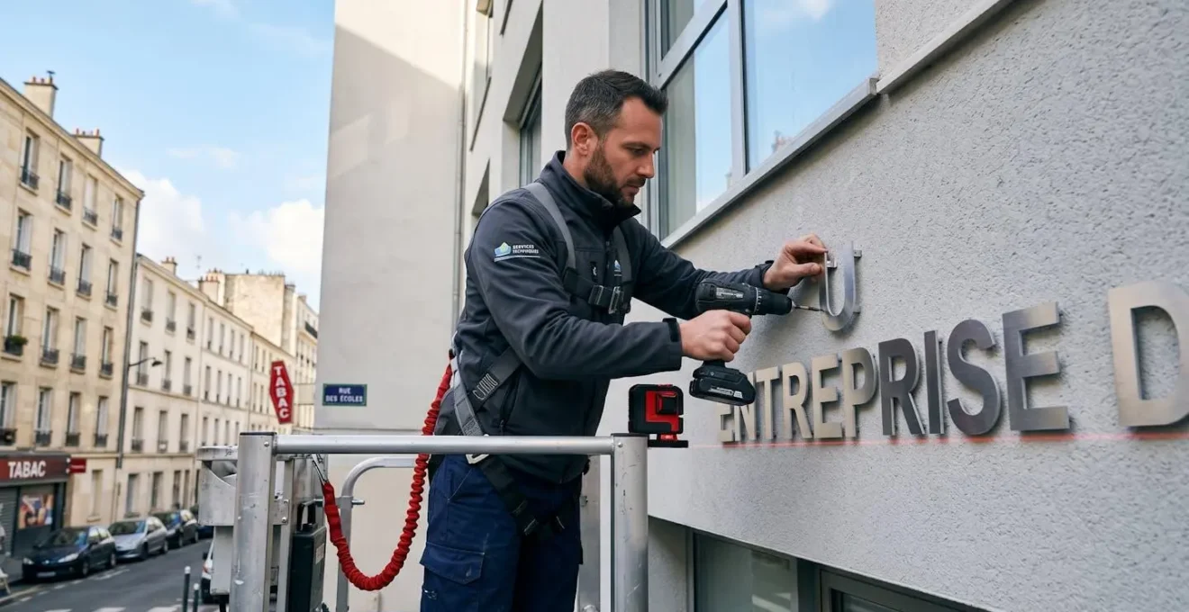 Technicien en tenue professionnelle installant des lettres en relief métalliques sur façade commerciale, travaillant depuis un échafaudage avec outils spécialisés