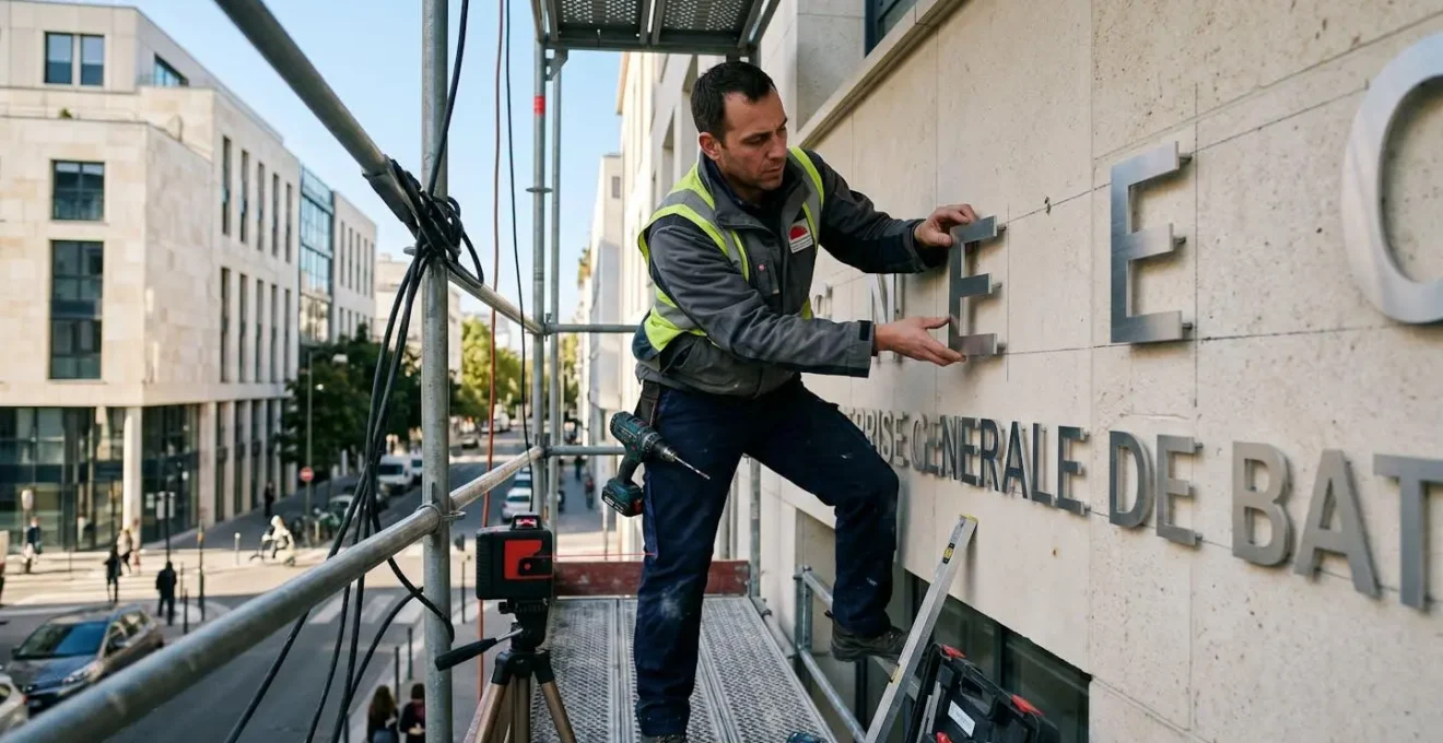 Technicien en tenue professionnelle installant des lettres en relief métalliques sur façade commerciale, travaillant depuis un échafaudage avec outils spécialisés