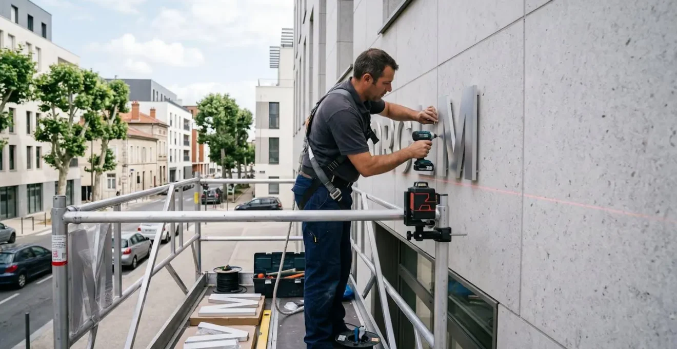Technicien en tenue professionnelle installant des lettres en relief métalliques sur façade commerciale, travaillant depuis un échafaudage avec outils spécialisés