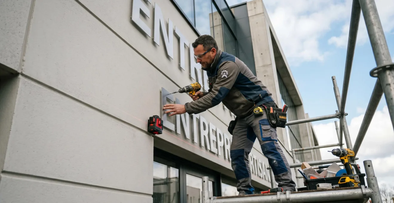 Technicien en tenue professionnelle installant des lettres en relief métalliques sur façade commerciale, travaillant depuis un échafaudage avec outils spécialisés