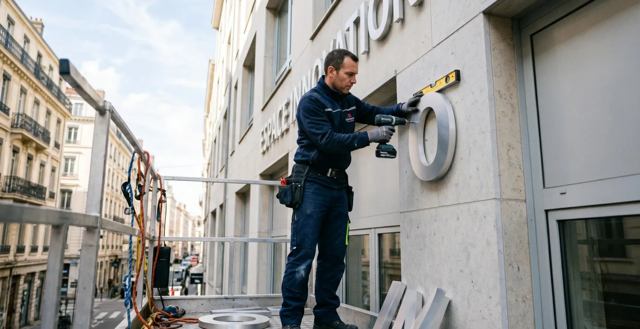 Technicien en tenue professionnelle installant des lettres en relief métalliques sur façade commerciale, travaillant depuis un échafaudage avec outils spécialisés