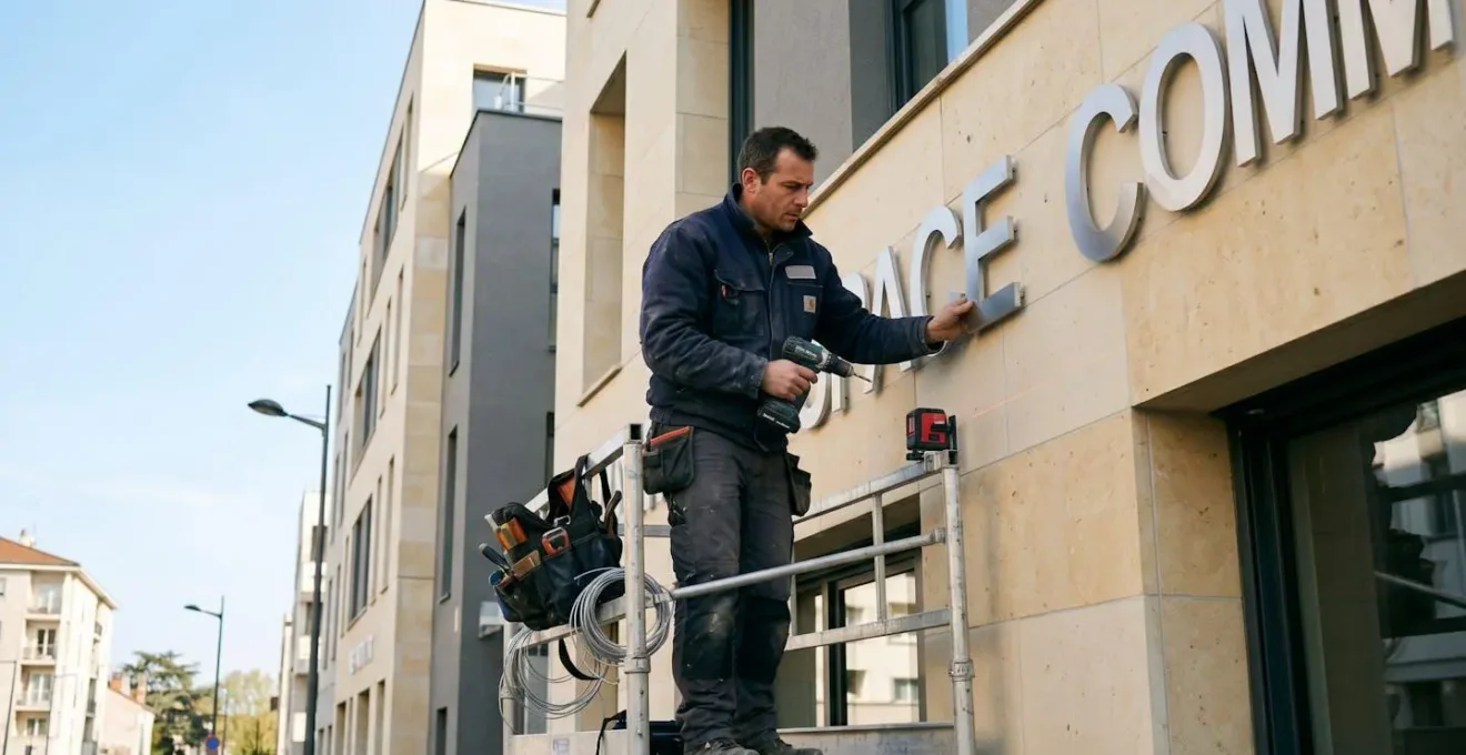 Technicien en tenue professionnelle installant des lettres en relief métalliques sur façade commerciale, travaillant depuis un échafaudage avec outils spécialisés