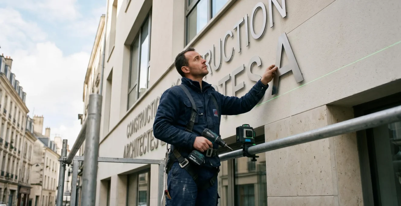Technicien en tenue professionnelle installant des lettres en relief métalliques sur façade commerciale, travaillant depuis un échafaudage avec outils spécialisés