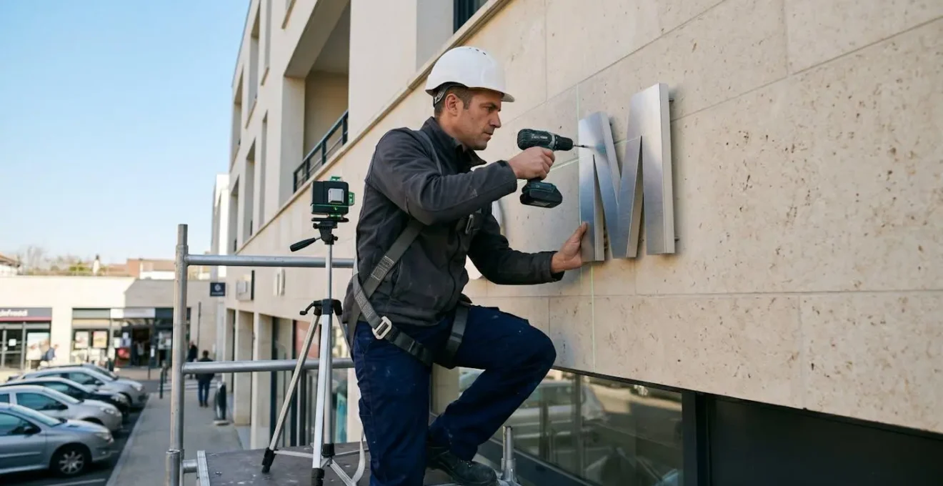 Technicien en tenue professionnelle installant des lettres en relief métalliques sur façade commerciale, travaillant depuis un échafaudage avec outils spécialisés