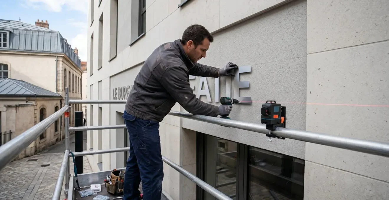 Technicien en tenue professionnelle installant des lettres en relief métalliques sur façade commerciale, travaillant depuis un échafaudage avec outils spécialisés