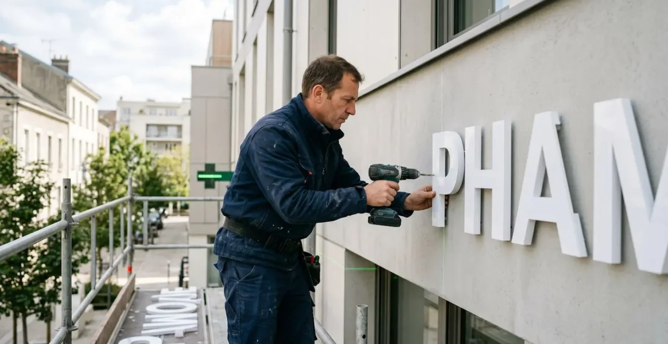 Technicien en tenue professionnelle installant des lettres en relief métalliques sur façade commerciale, travaillant depuis un échafaudage avec outils spécialisés